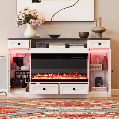 FUFU&GAGA Elegant TV Stand with Built-in Electric Fireplace and Storage Cabinets (55.3" W x 31.5" H x 11.8" D),White