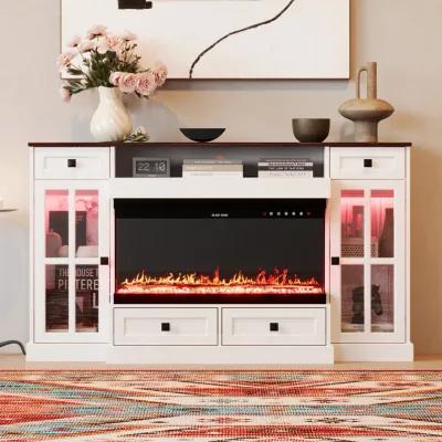 FUFU&GAGA Elegant TV Stand with Built-in Electric Fireplace and Storage Cabinets (55.3" W x 31.5" H x 11.8" D),White