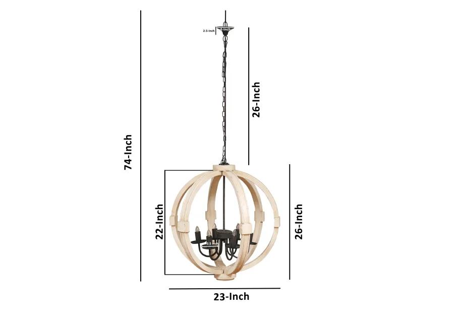 26 Inch 6 Light Vintage Orb Chandelier, Mango Wood Frame, Distressed White-Benzara