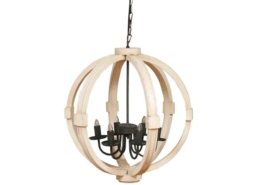 26 Inch 6 Light Vintage Orb Chandelier, Mango Wood Frame, Distressed White-Benzara