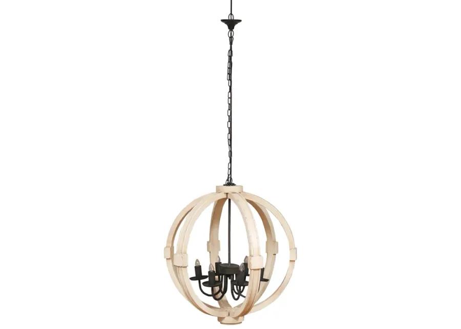 26 Inch 6 Light Vintage Orb Chandelier, Mango Wood Frame, Distressed White-Benzara