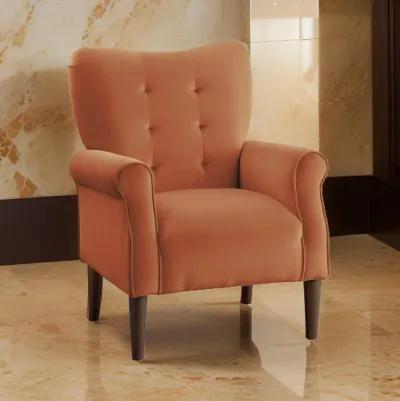 Kylie 32 Inch Accent Chair Armchair, Tufted Orange Velvet, Brown Solid Wood - Benzara