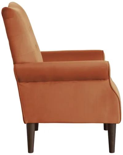 Kylie 32 Inch Accent Chair Armchair, Tufted Orange Velvet, Brown Solid Wood - Benzara