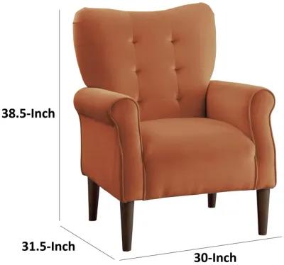 Kylie 32 Inch Accent Chair Armchair, Tufted Orange Velvet, Brown Solid Wood - Benzara