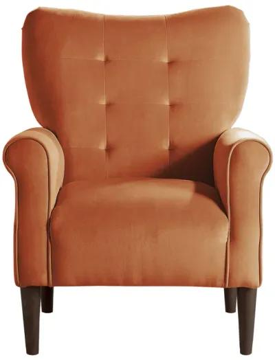 Kylie 32 Inch Accent Chair Armchair, Tufted Orange Velvet, Brown Solid Wood - Benzara