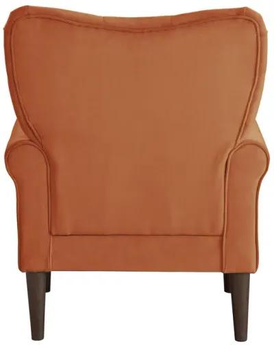 Kylie 32 Inch Accent Chair Armchair, Tufted Orange Velvet, Brown Solid Wood - Benzara