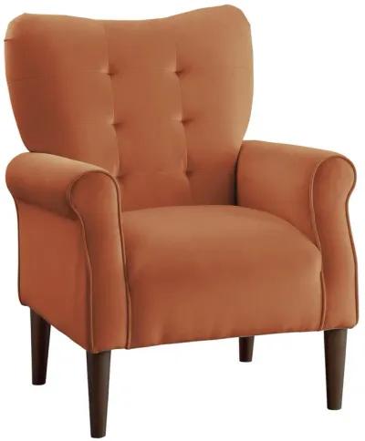 Kylie 32 Inch Accent Chair Armchair, Tufted Orange Velvet, Brown Solid Wood - Benzara