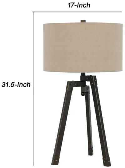 Metal Tripod Base Table Lamp with Fabric Drum Shade, Bronze and Beige-Benzara