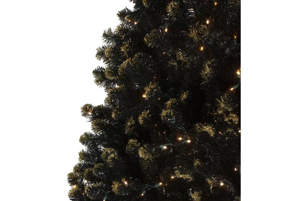 Pre-Lit LED Black Crystal Pine with Gold Glitter Artificial Christmas Tree - 7.5 ft Clear Lights