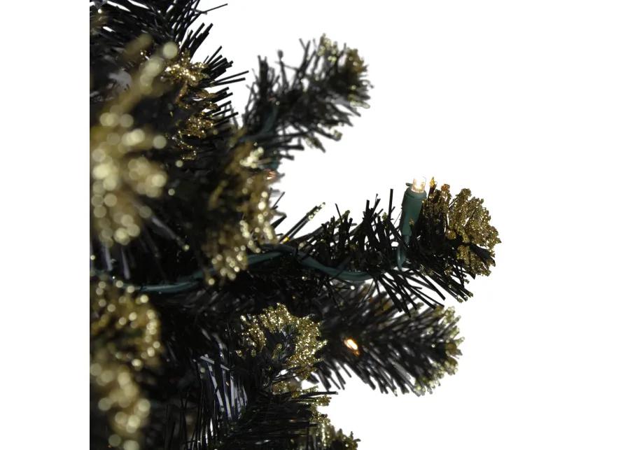 Pre-Lit LED Black Crystal Pine with Gold Glitter Artificial Christmas Tree - 7.5 ft Clear Lights