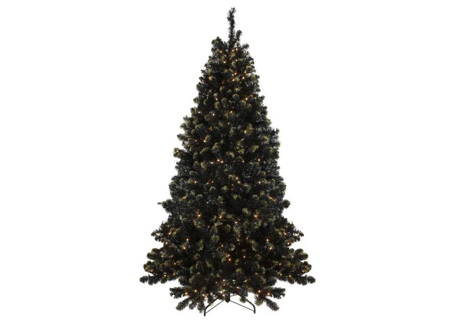 Pre-Lit LED Black Crystal Pine with Gold Glitter Artificial Christmas Tree - 7.5 ft Clear Lights