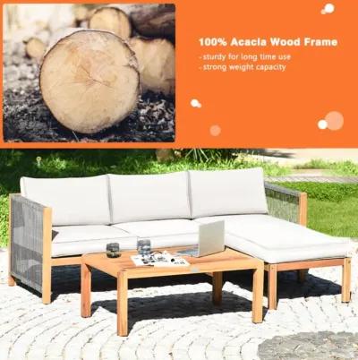 Hivvago 3 Pieces Patio Acacia Wood Sofa Furniture Set with Nylon Rope Armrest