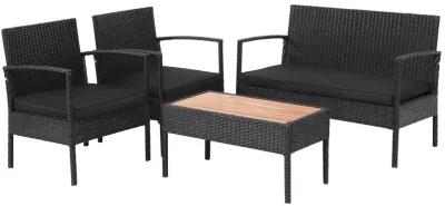 4 Pieces Patio Rattan Cushioned Furniture Set with Wooden Tabletop