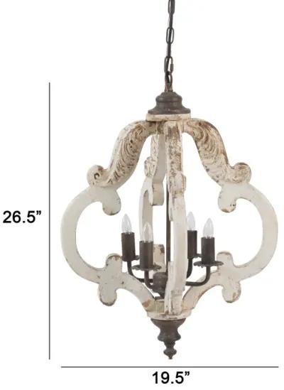 20 Inch 4 Light Wood Chandelier, Classic Candelabra Style, Vintage, White-Benzara