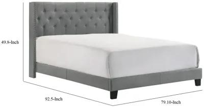 Lih Full Bed, Tufted Headboard, Wood Frame, Fabric, Black Legs, Gray - Benzara