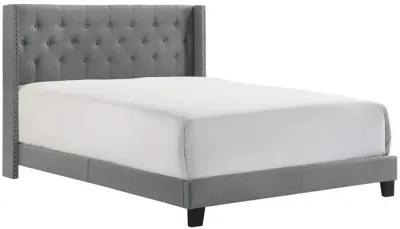 Lih Full Bed, Tufted Headboard, Wood Frame, Fabric, Black Legs, Gray - Benzara