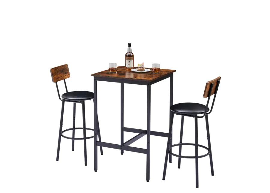 Rustic Brown Bar Table Set with 2 Stools, 23.62" W X 23.62" D X 35.43"