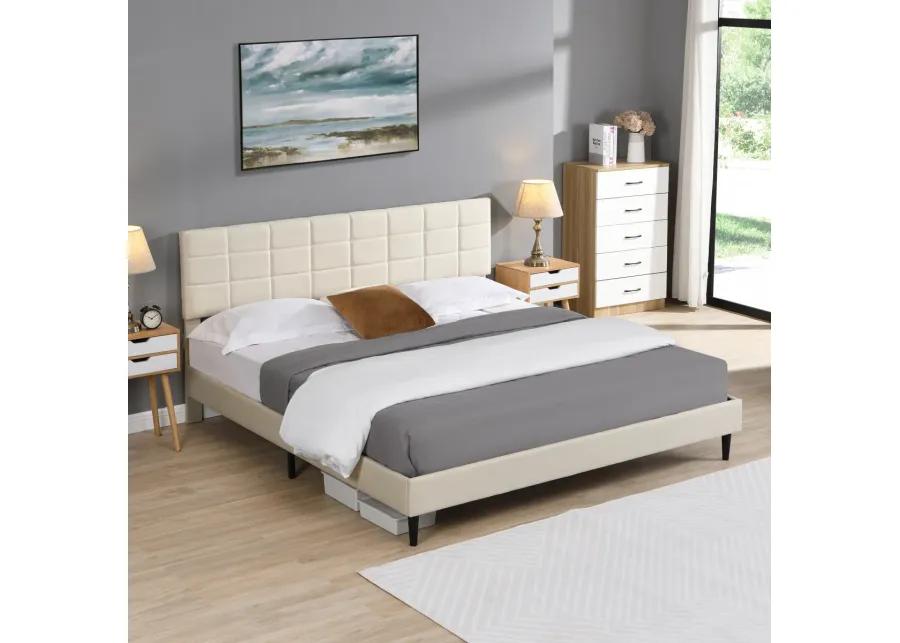 King Size Platform Bed Frame with Fabric Upholstered Headboard and Wooden Slats, No Box Spring Needed/Easy Assembly, Dark Beige