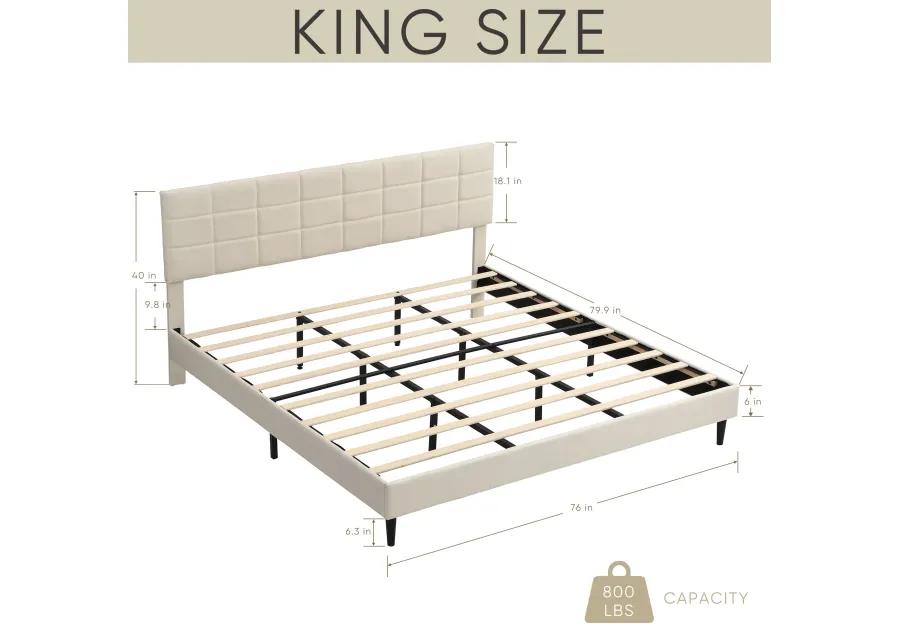 King Size Platform Bed Frame with Fabric Upholstered Headboard and Wooden Slats, No Box Spring Needed/Easy Assembly, Dark Beige