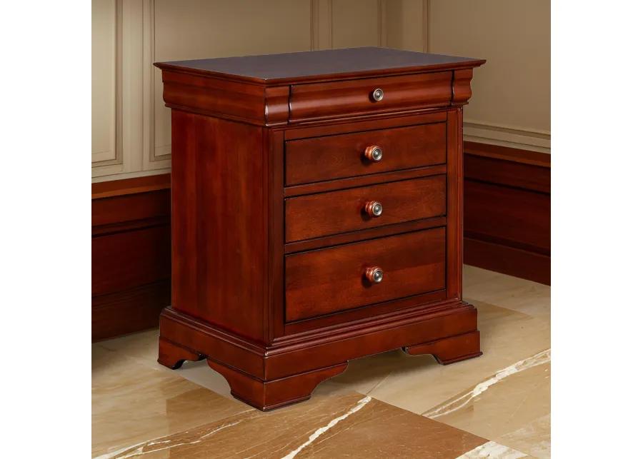 4 Drawer Wooden Nightstand with Bracket Legs and Metal Knobs, Brown-Benzara