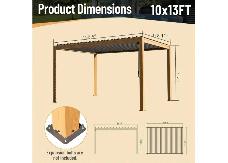 MONDAWE 10X13FT Outdoor Wood Looking Louvered Pergola Wood Grain Aluminum Pergola with Adjustable Roof for Patio, Deck, Garden