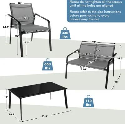 4 Pieces Patio Furniture Set with Armrest Loveseat Sofas and Glass Table Deck