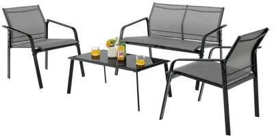 4 Pieces Patio Furniture Set with Armrest Loveseat Sofas and Glass Table Deck