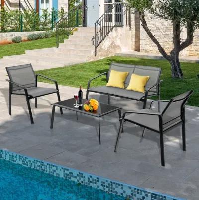 4 Pieces Patio Furniture Set with Armrest Loveseat Sofas and Glass Table Deck