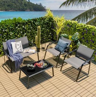 4 Pieces Patio Furniture Set with Armrest Loveseat Sofas and Glass Table Deck