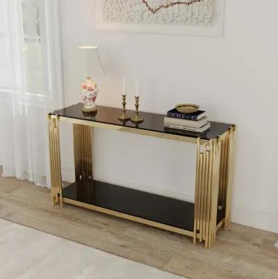 Gold Glass Console Table, 55" Sturdy Metal Frame, Black Tempered Glass Top