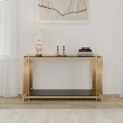 Gold Glass Console Table, 55" Sturdy Metal Frame, Black Tempered Glass Top