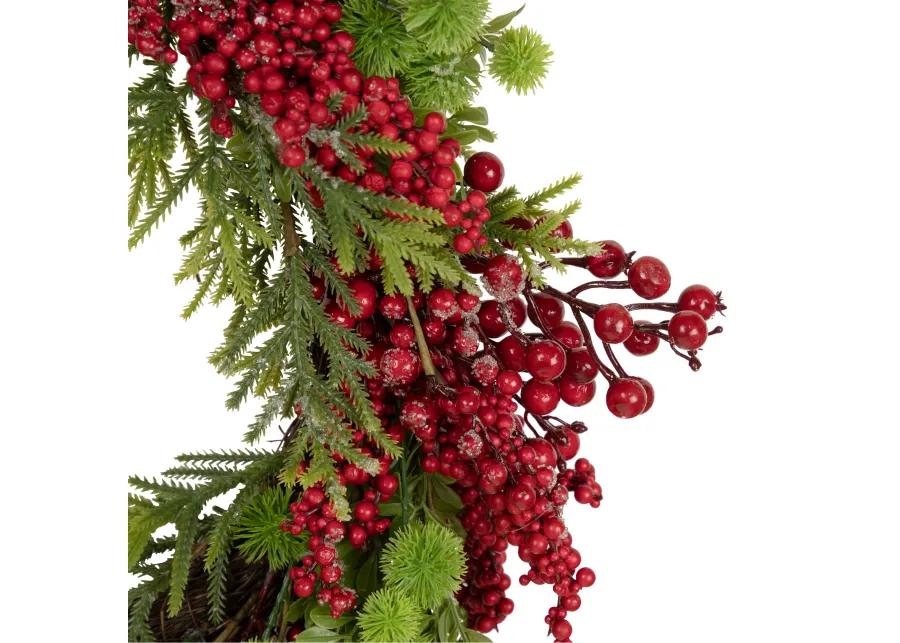 Red Berry and Frosted Pine Christmas Wreath  28-Inch  Unlit