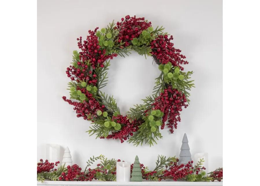 Red Berry and Frosted Pine Christmas Wreath  28-Inch  Unlit