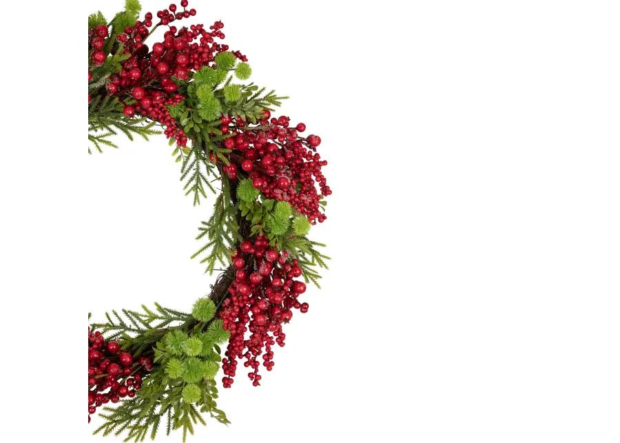 Red Berry and Frosted Pine Christmas Wreath  28-Inch  Unlit