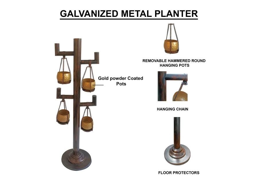 52 Inch Tall Plant Stand with 4 Hanging Pots, Antique Bronze, Gold, Black-Benzara