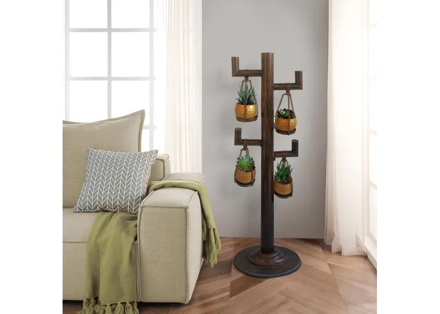 52 Inch Tall Plant Stand with 4 Hanging Pots, Antique Bronze, Gold, Black-Benzara