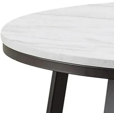 36 Inch Coffee Table, Faux Marble Tabletop, Sturdy Metal Base, White, Black-Benzara