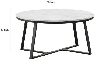 36 Inch Coffee Table, Faux Marble Tabletop, Sturdy Metal Base, White, Black-Benzara