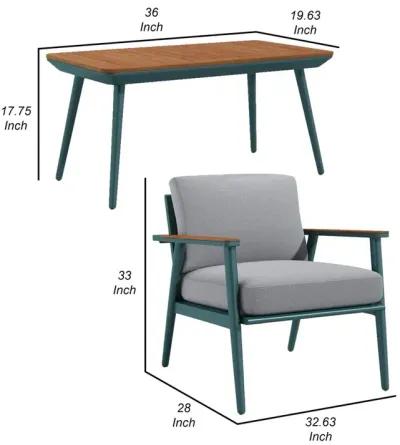 3 Piece Outdoor Coffee Table and Chairs Set, Wood Planks, Gray, Green - Benzara