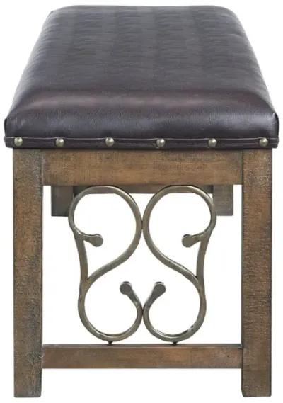 Ral 56 Inch Solid Wood Padded Bench, Metal Scroll Design, Nailhead, Brown-Benzara