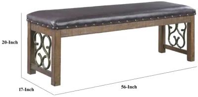 Ral 56 Inch Solid Wood Padded Bench, Metal Scroll Design, Nailhead, Brown-Benzara