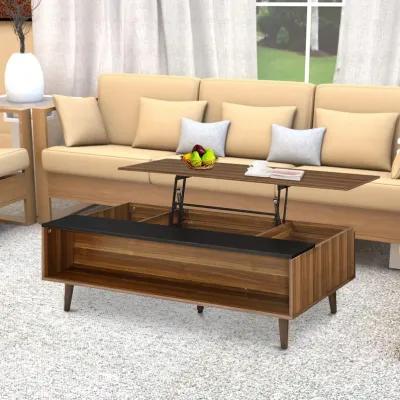 Wooden Coffee Table with Lift Top Storage and 1 Open Shelf, Walnut Brown-Benzara