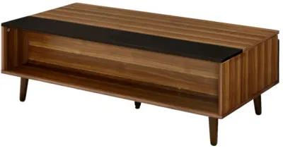 Wooden Coffee Table with Lift Top Storage and 1 Open Shelf, Walnut Brown-Benzara