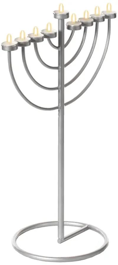 Small Modern Silver 9 Branch Lighting Thin Pipe Hanukkah Menorah, Metal-Aluminum