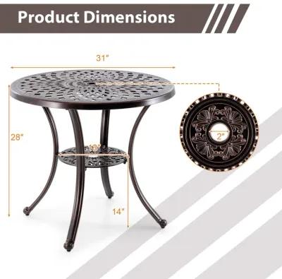 Patio Cast Aluminum Table 31 Inch Diameter Round Table with Umbrella Hole