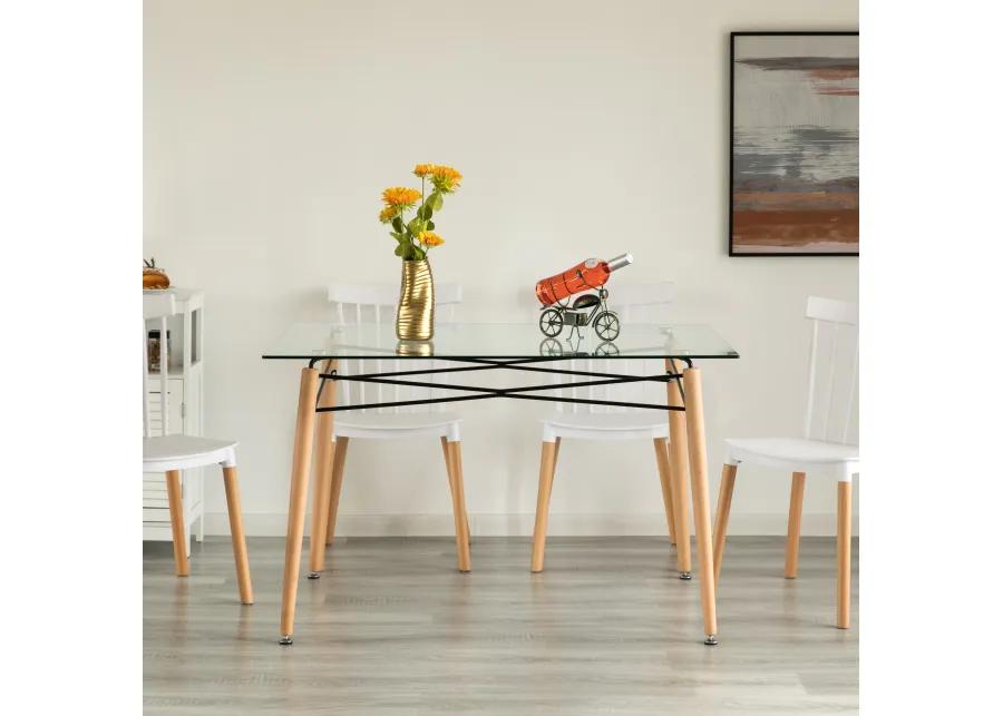 Rectangle Clear Glass Top Accent Dining Table with 4 Beech Metal Frame Solid Wood Legs | Modern Space Saving Small Leisure Tea Desk 47.25" W x 31.5" D x 29.5" H for Kitchen Dining Room, Living Room