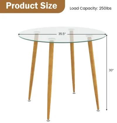 Round Glass Dining Table Leisure Coffee Table with Metal Legs-Natural