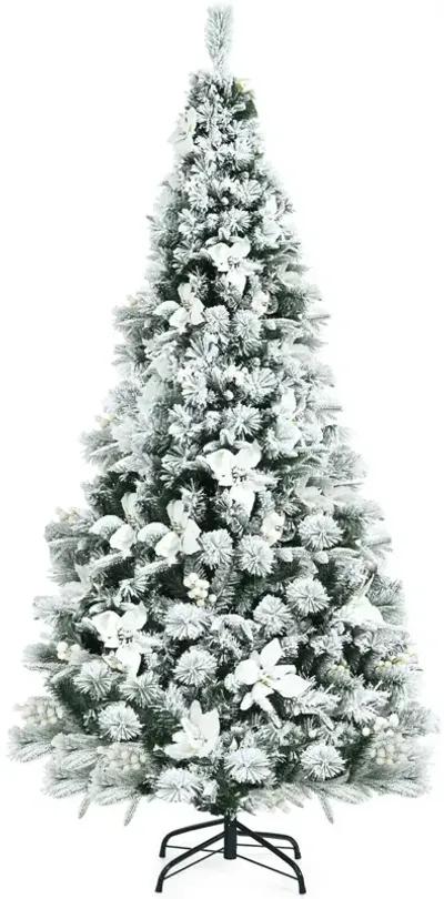 Snow Flocked Hinged Christmas Tree with Berries and Poinsettia Flowers