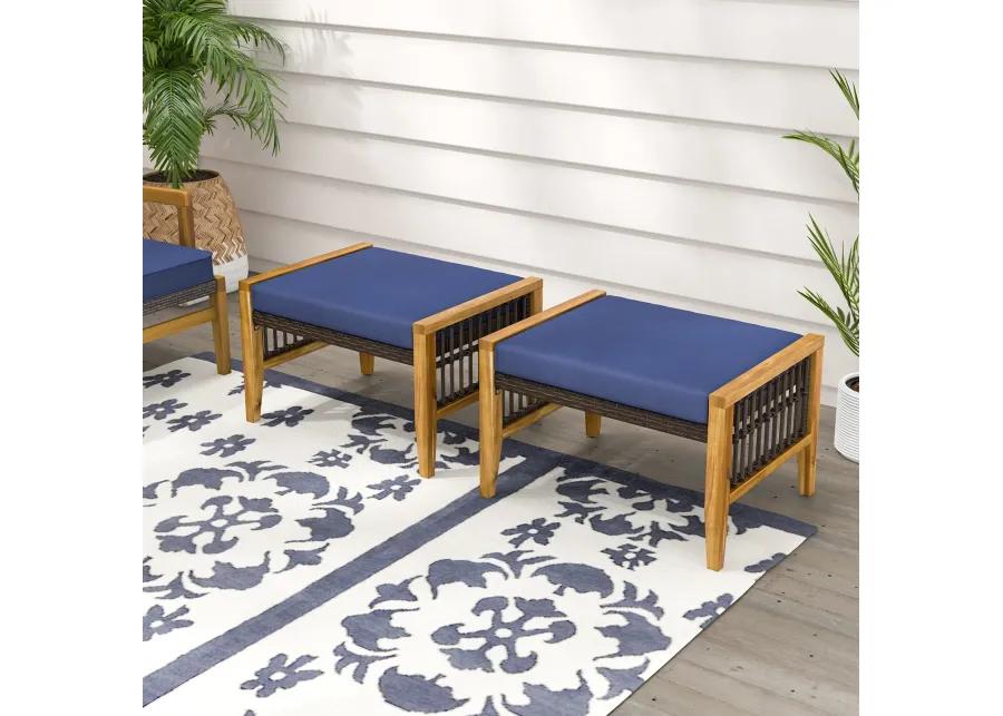 Patio Acacia Wood Ottomans with Cushions and Versatile Rattan Woven Footstools-Navy