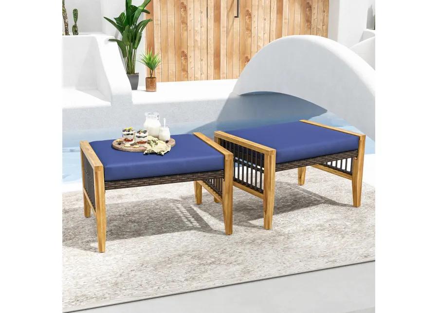 Patio Acacia Wood Ottomans with Cushions and Versatile Rattan Woven Footstools-Navy